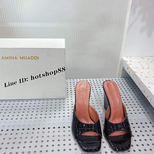 Amina Muaddi專櫃新款壓紋石頭紋坡跟高跟女士拖鞋 dx1351